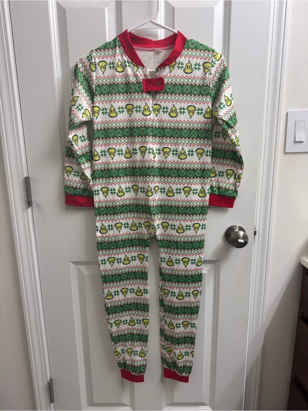 Grinch Kids Holiday One-Piece Union Suit Pajamas - Green & White Pattern